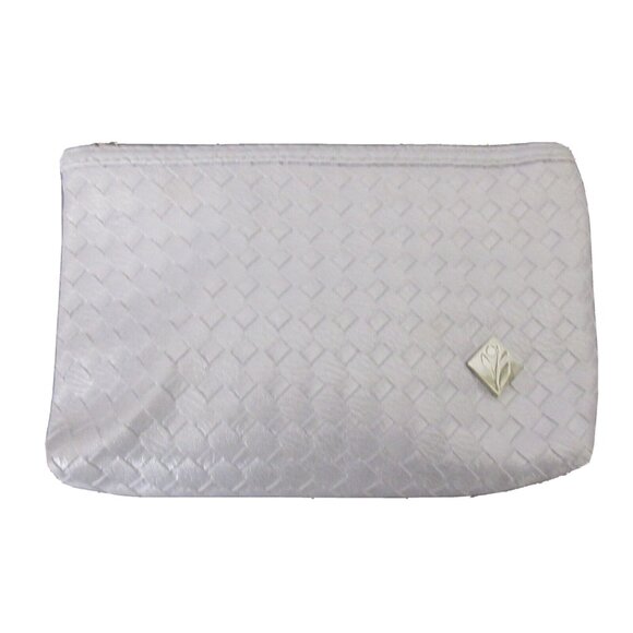 Silver Gray Metallic Faux Leather Woven Zipper Cosmetic Bag Pouch Flower Logo - Picture 1 of 5